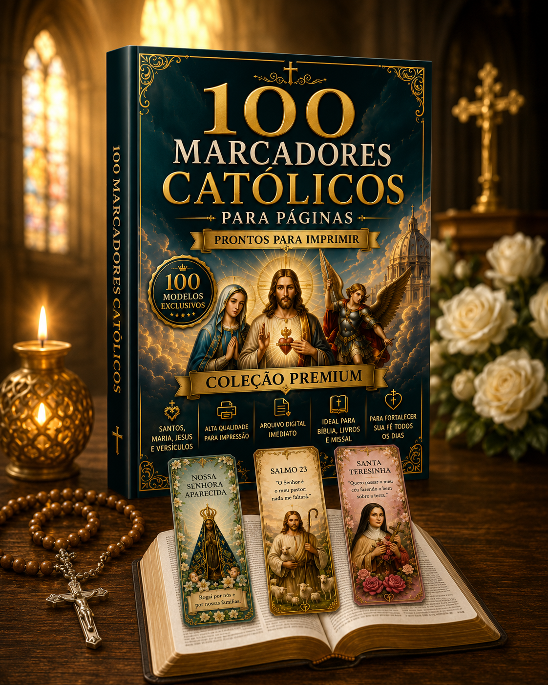 Mockup do produto digital 100 Marcadores Católicos em tablet e livro impresso