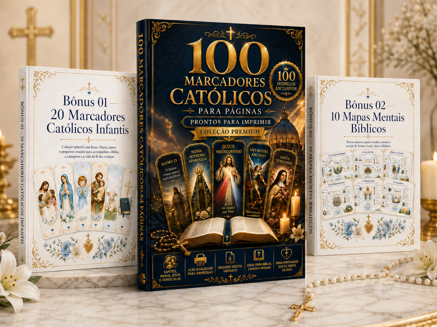 Capa do produto 100 Marcadores Católicos para Imprimir com os 2 bônus inclusos