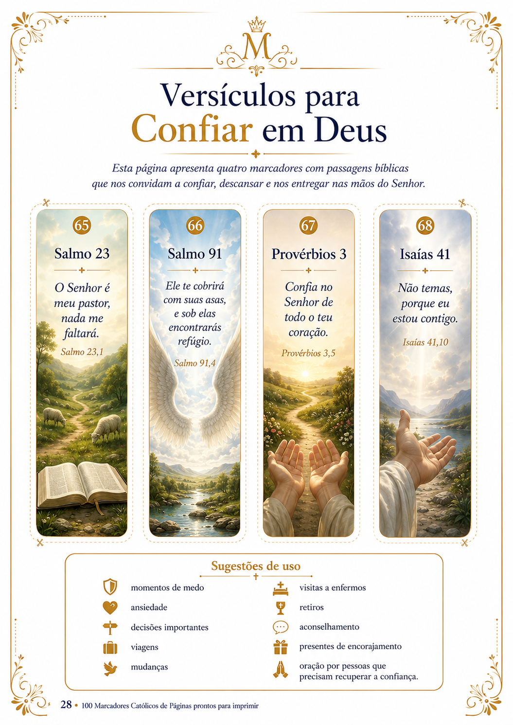 Página com marcadores de versículos para confiar em Deus e sugestões de uso