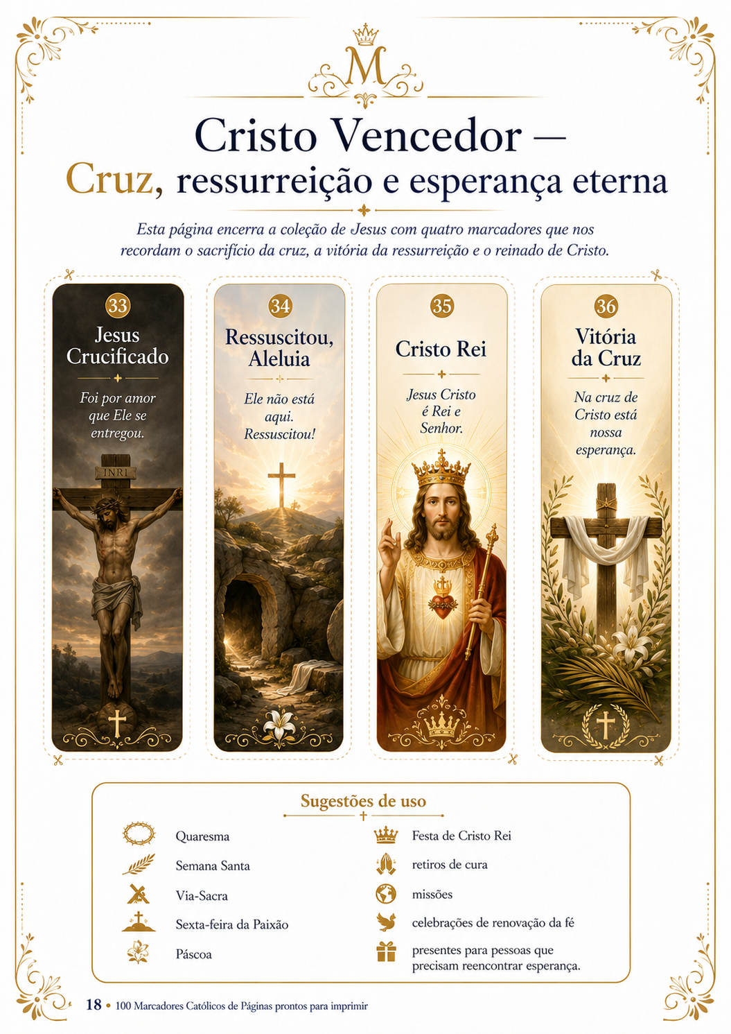 Página com marcadores católicos Cristo Vencedor e sugestões de uso